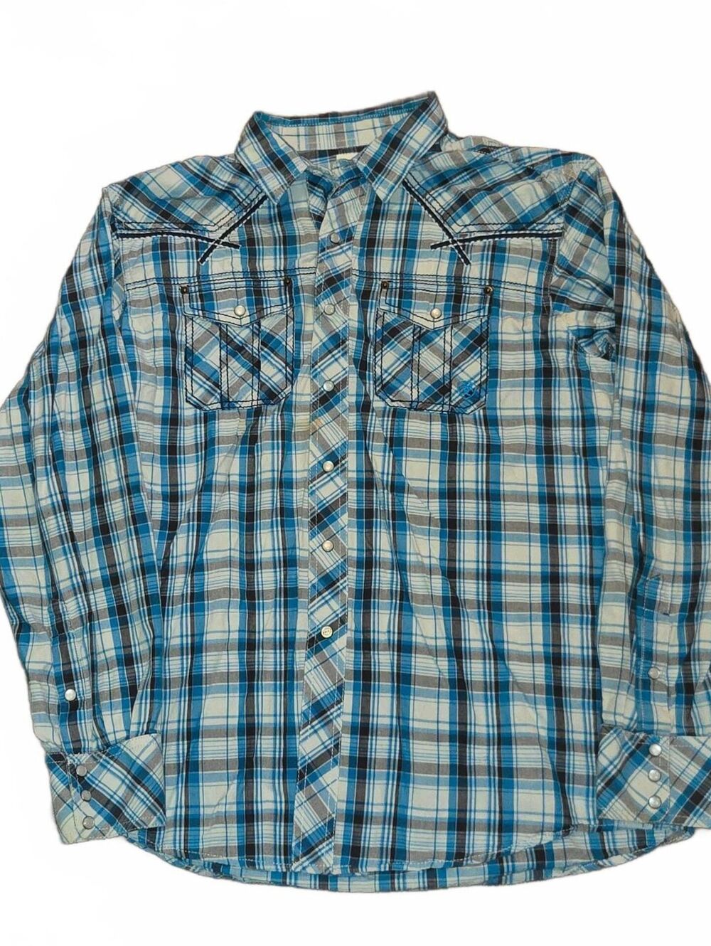 Ariat Retro Fit Blue Plaid Pearl Snap Button Up Shirt Men's Large